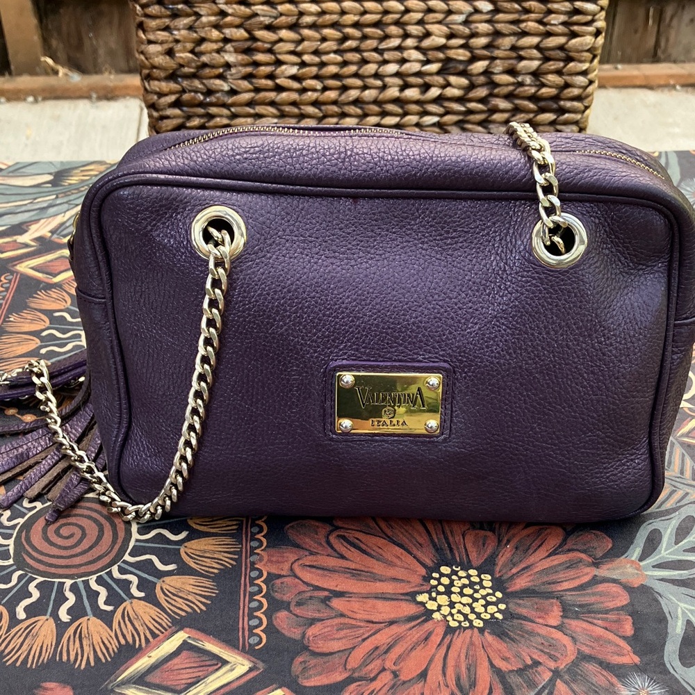 Valentina Fiore Made in Italy Plum Purple Pebbled Leather Crossbody